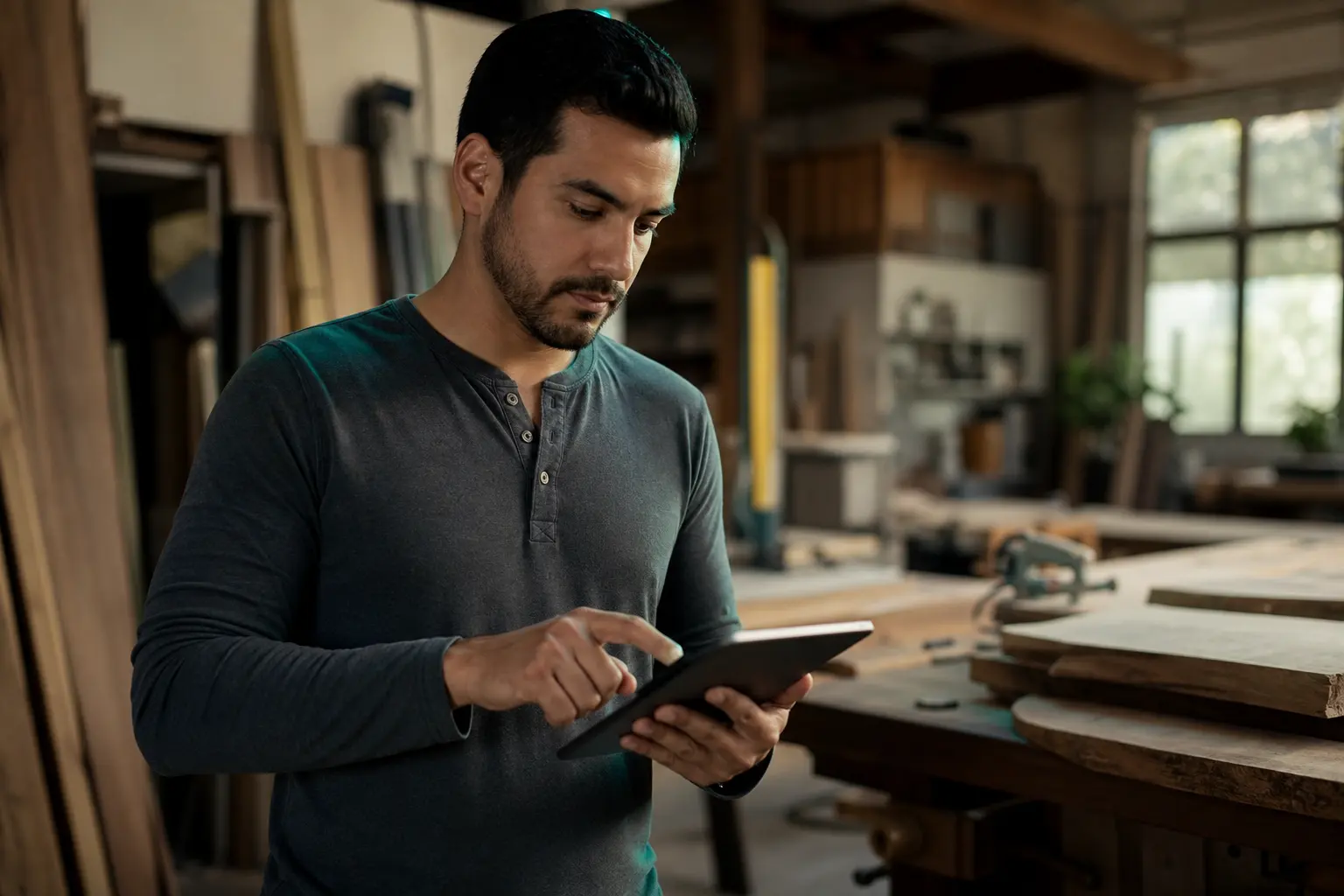 Hombre marcando minitareas en una tablet en el taller