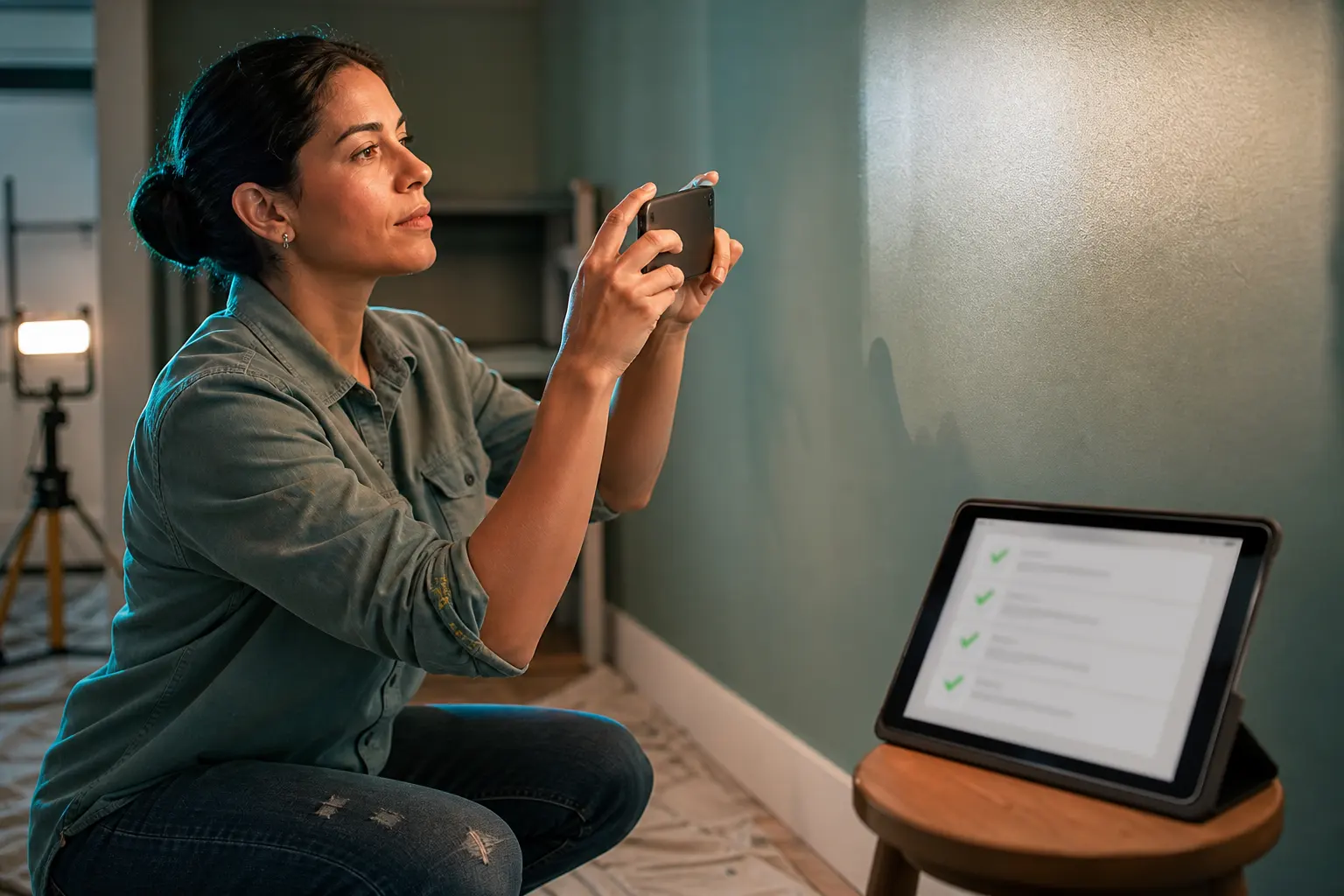 Mujer fotografiando un trabajo terminado para el checklist